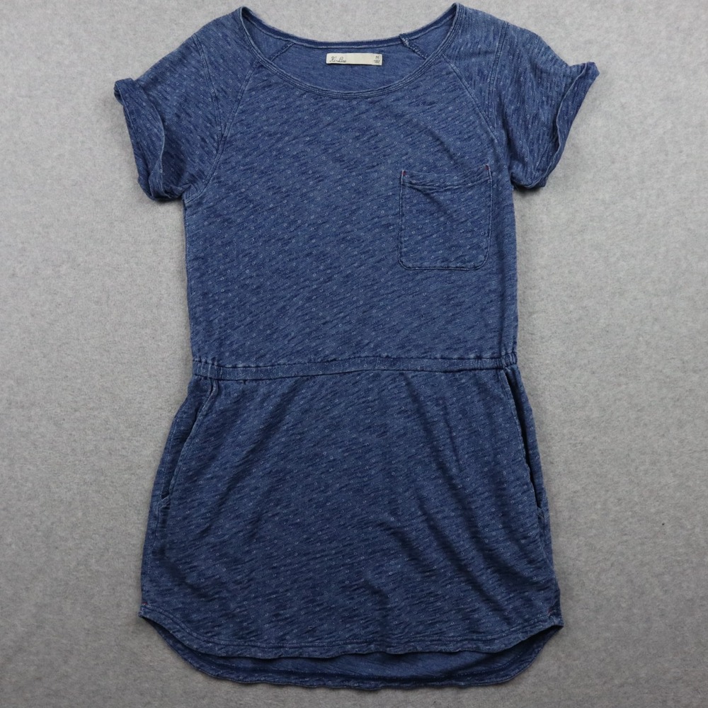 Hi-Line Dress Womens Medium Knit T-Shirt Pockets Blue Polka Dot Short Sleeve